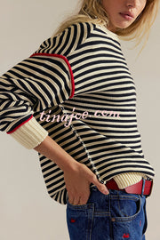Fashion Striped Colorblock Loose Round Neck Long-sleeved Knitted Sweater