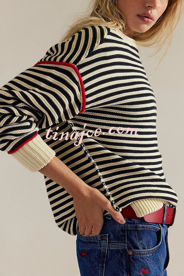 Fashion Striped Colorblock Loose Round Neck Long-sleeved Knitted Sweater