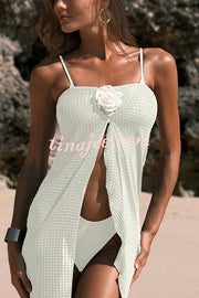 Solid Strappy Stretch Two-piece Bikini Swimsuit and Floral Embellished Maxi Cover-up Skirt Set