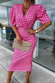 Late Night Gala Satin Printed Puff Sleeve Midi Dress