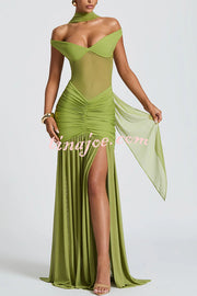 Raise The Level Mesh Off Shoulder Ruched Scarf Stretch Maxi Dress