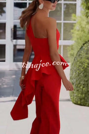 Amena One Shoulder Sweetheart Neck Ruffle Hem Top and Elastic Waist Pocket Wide Leg Pants Set