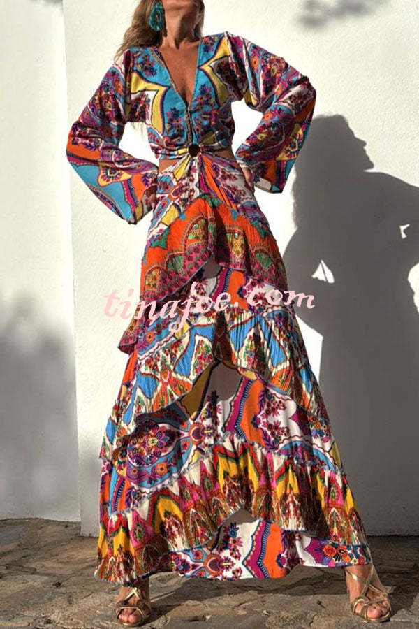 Colorful Day Unique Print Bell Sleeve Cutout Waist Layered Maxi Dress