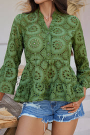 Solid Color Casual Resort Style Hollow V-neck Shirt