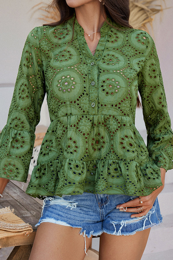 Solid Color Casual Resort Style Hollow V-neck Shirt