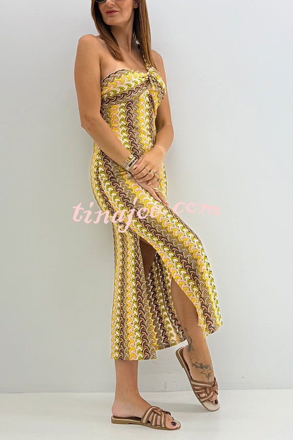 Colorful Zigzag Pattern Lace One-shoulder Slim Vacation Midi Dress