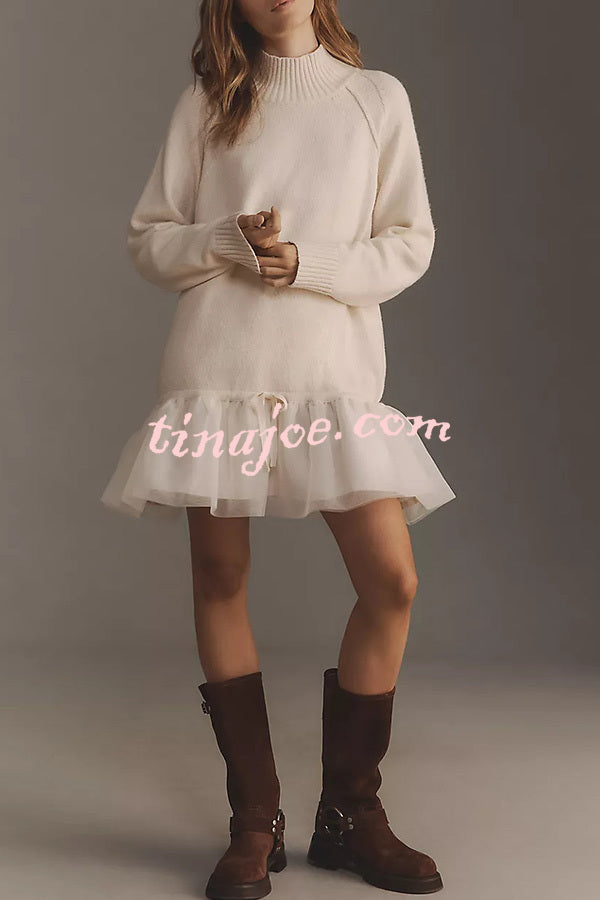 Holiday Cutie Knit Long Sleeve Turtleneck Tulle Twofer Mini Dress