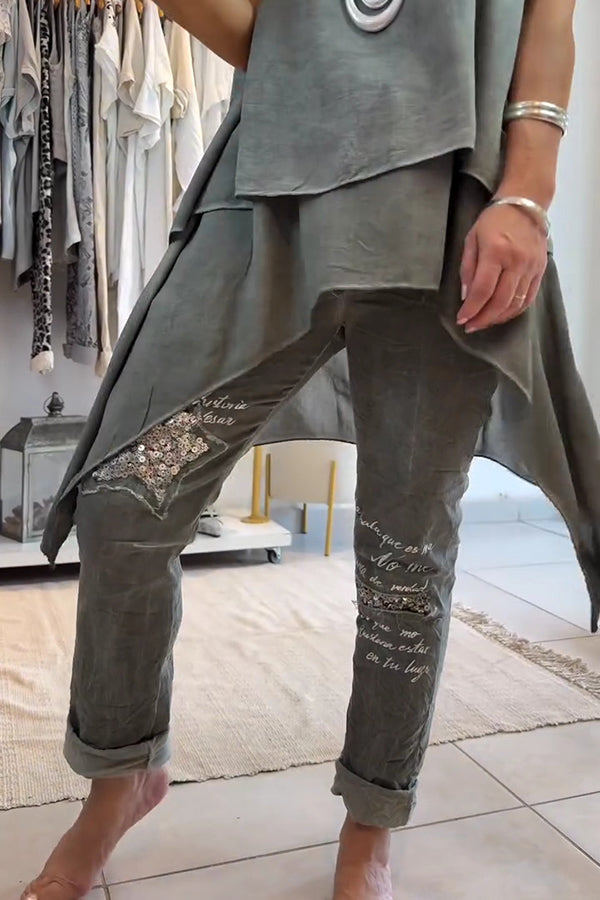 Fashion Letter Print Sequin Pocket Casual Pants