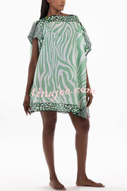 Leopard Mixed Zebra Unique Print One Shoulder Button Detail Loose Cover-up Mini Dress