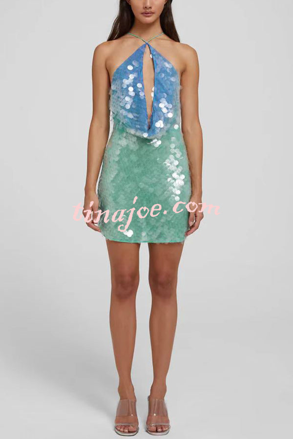 Fashion Sexy Sequined Backless Halter Neck Slim Fit Mini Dress