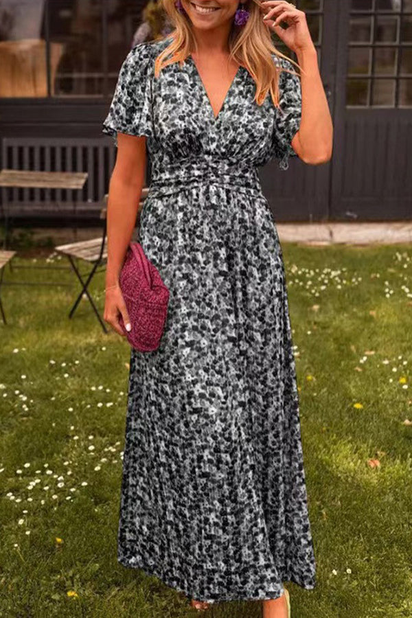 Floral Print V-Neck Short Sleeve Waist Maxi Dress