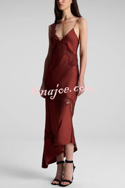 Sexy Lace Stitching Suspender V-neck Asymmetrical Maxi Dress