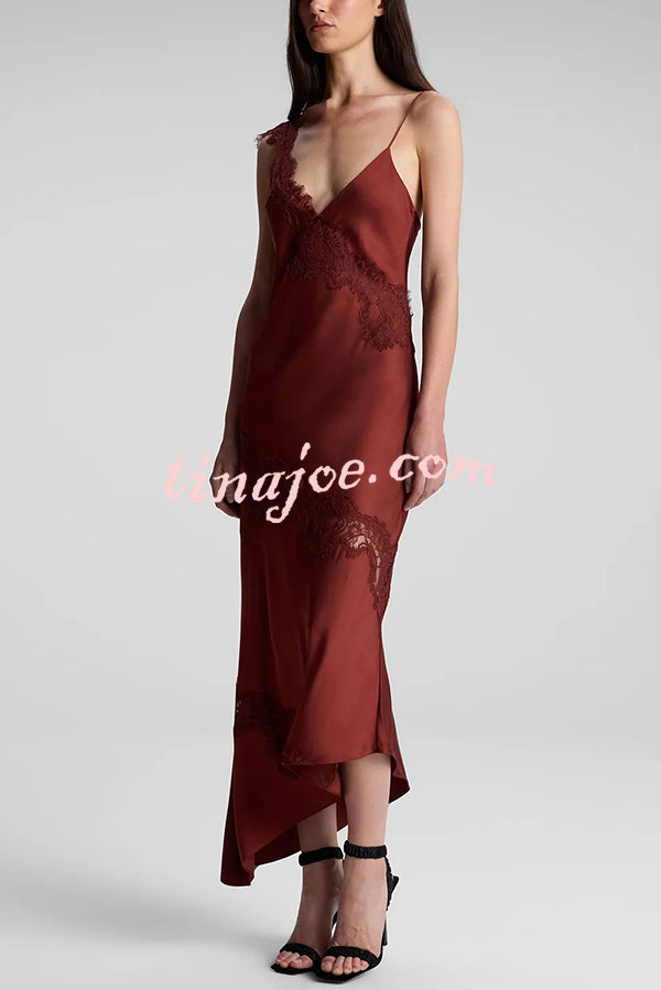 Sexy Lace Stitching Suspender V-neck Asymmetrical Maxi Dress