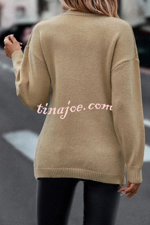 Solid Color V Neck Cross Jacquard Long Sleeved Sweater