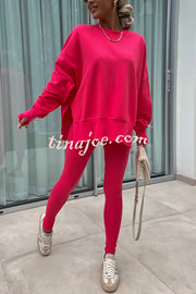 Solid Color Loose Long Sleeve SlitSweatshirt and Elastic Waist Tight Pants Set