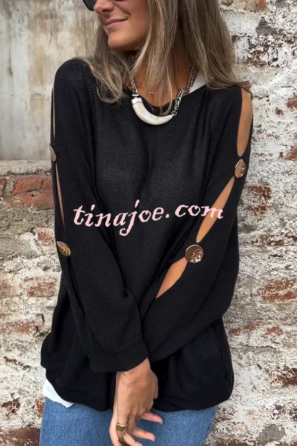 Solid Color Round Neck Hollow Long Sleeve Loose Knitted Sweater