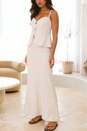 Solid Color Halter Button-Down Top and Elegant Fitted Maxi Skirt Set