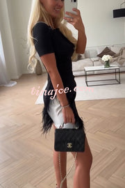 Marcelle Feather Trim Short Sleeve Color-block Him Mini Dress