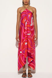 Elmhurst Satin Unique Print Chain Halter Draped Scarf Midi Dress