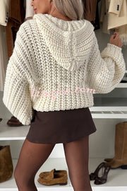 Warm Day Knit Button Up Long Balloon Sleeve Hooded Loose Cardigan