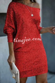 Solid Sequined Off-shoulder Loose Mini Dress