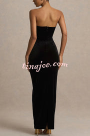 Illusion Velvet Bandeau neck Bow detail Stretch Maxi Dress