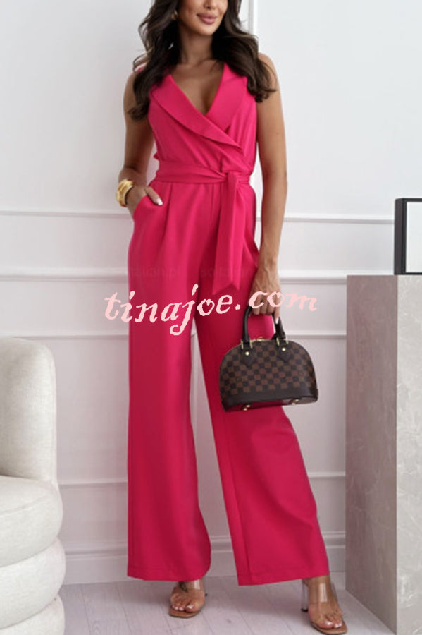 Make Your Entrance Lapel Belt Pocketed Wide Leg Formal Jumpsuit