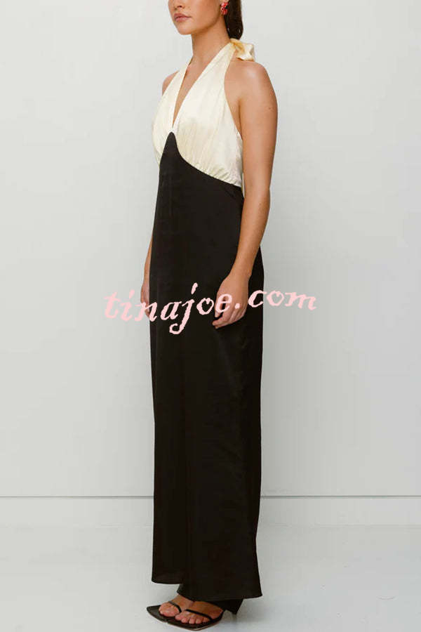 Like A Gem Satin Colorblock Halter Backless Party Maxi Dress