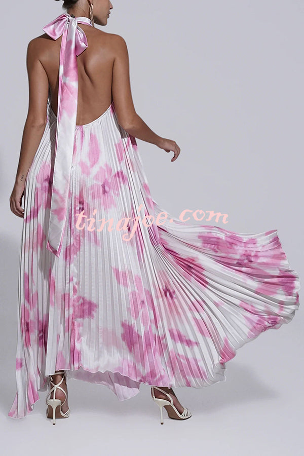 Opera Pleated Colorblock Camouflage Print Cutout Halter  A-line Maxi Dress