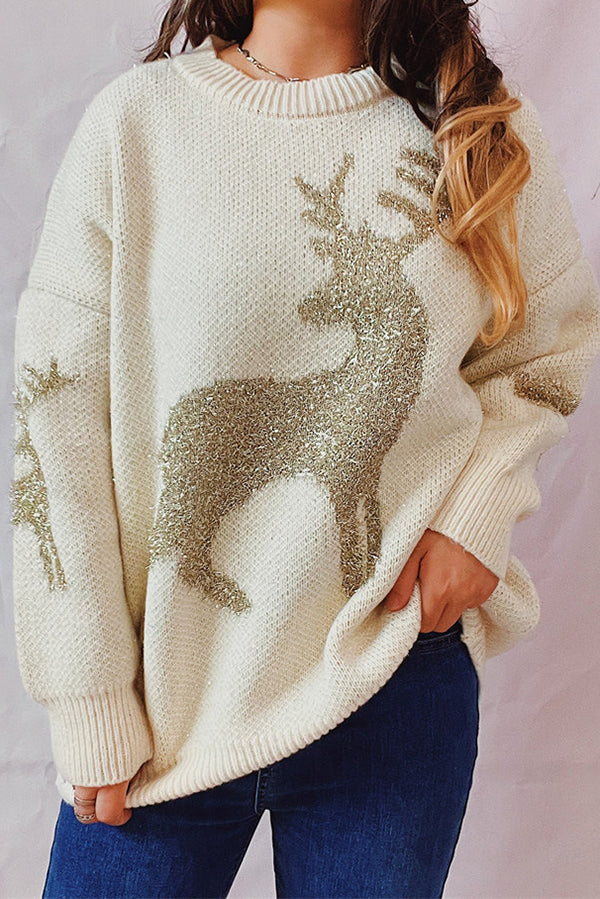 Christmas Pattern Knitted Crew Neck Long Sleeved Sweater