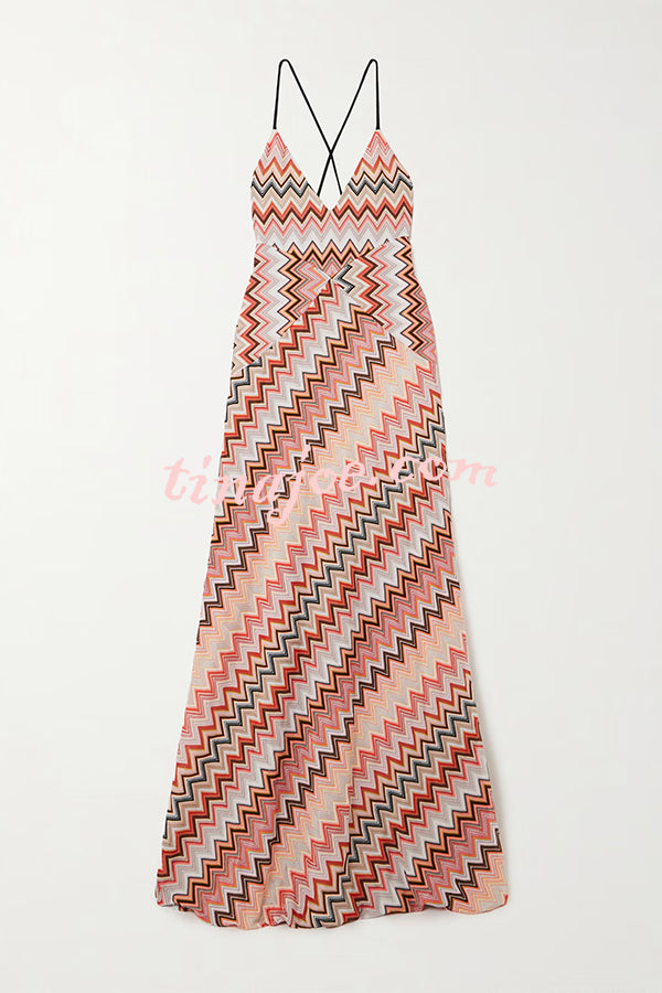 Colorful Zigzag Pattern Elegant Sling Backless Maxi Dress
