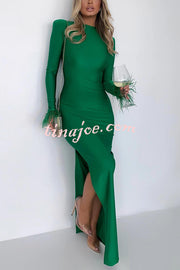 Solid Color Round Neck Ostrich Feather Long Sleeve Slim Maxi Dress