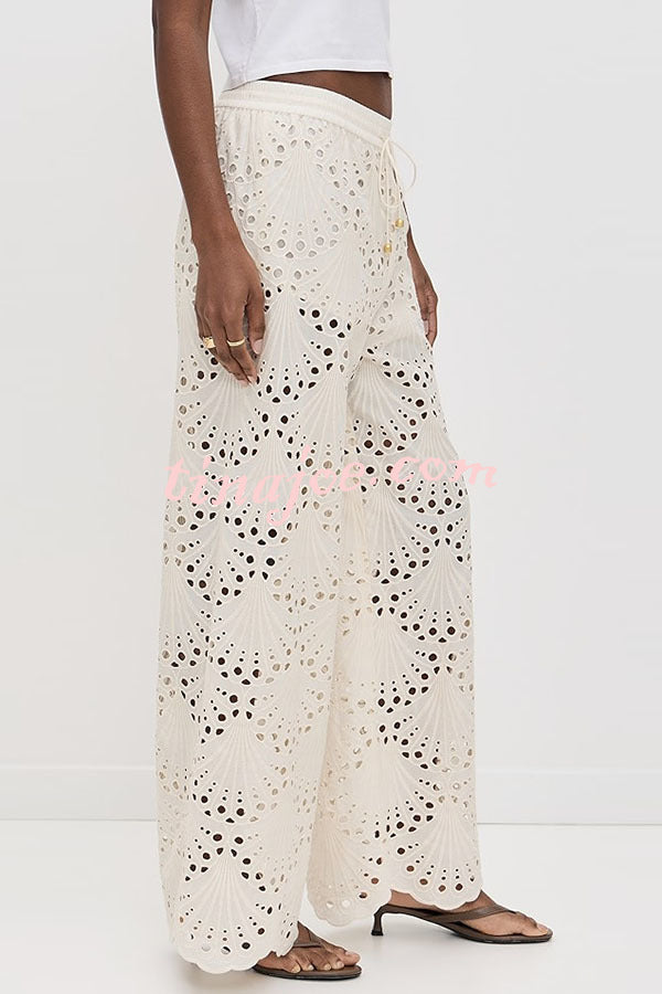 Lillah Embroidered Lace Shell Pattern Elastic Waist Pocket Wide Leg Pants