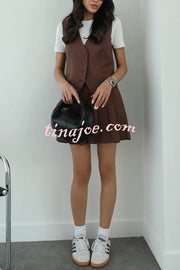 Solid Color Sleeveless Buttoned Vest and High-waisted Pleated Mini Skirt Set