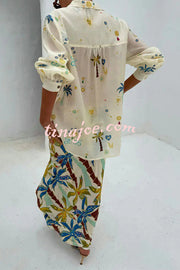 Linen Blend Resort Coconut Palm Print Long Sleeve Lapel Shirt and Elastic Waist Casual Pocket Shorts Set