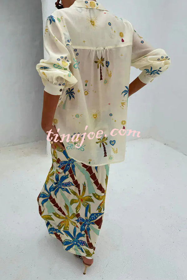 Linen Blend Resort Coconut Palm Print Long Sleeve Lapel Shirt and Elastic Waist Casual Pocket Shorts Set