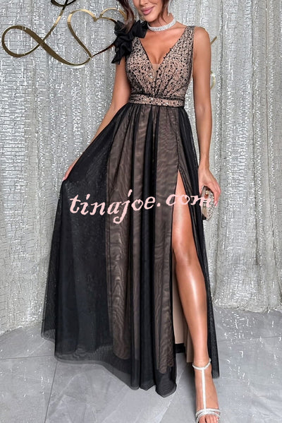 Everlasting Party Sequin Tulle Ruffles Shoulder Design Slit Maxi Dress