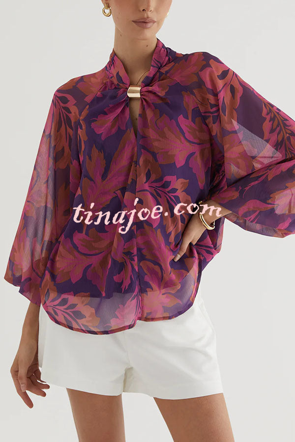 Essentials Printed Gold Cutout Collar Balloon Sleeve Blouse