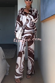 Oceanfront Views Unique Print Long Sleeve Loose Shirt and Elastic Waist Pocketed Pants Set