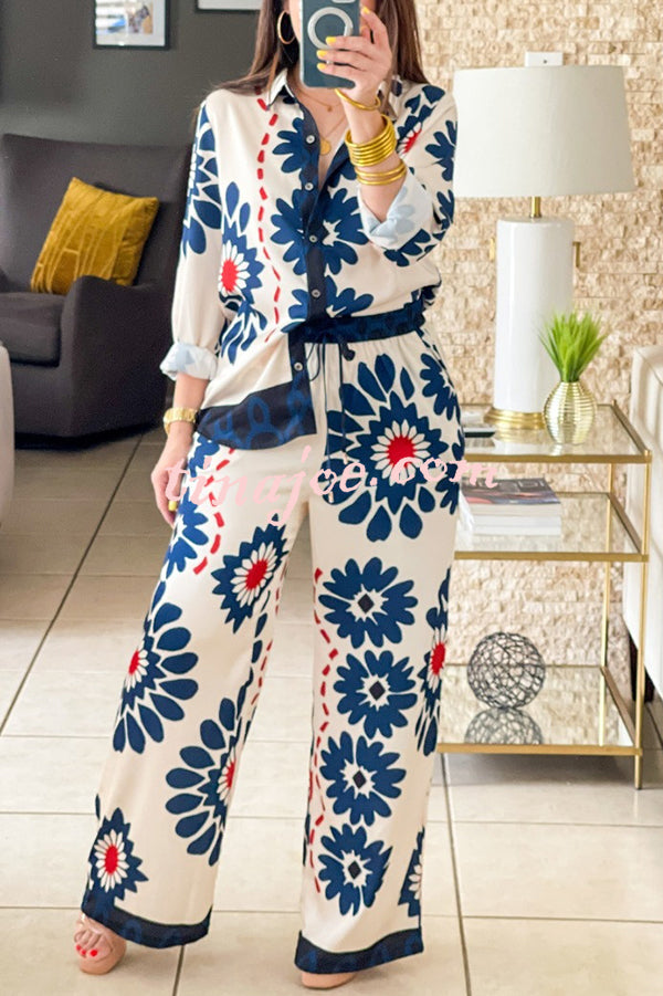 Unique Printed Lapel Long-sleeved Loose Shirt and Casual Pocket Wide-leg Pants Set