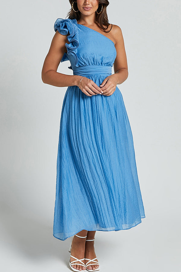 Romantic Seaside One Shoulder Frill Detail Sleeve Layered Midi Dress