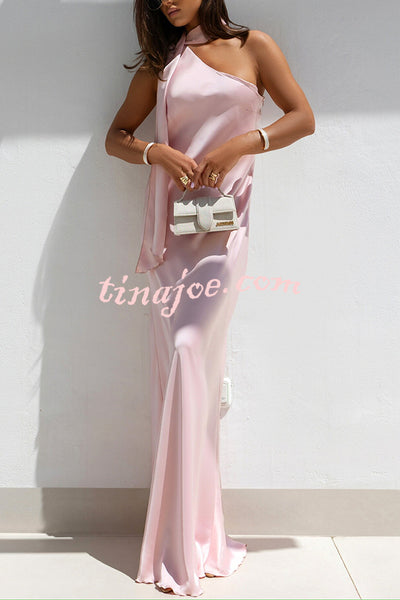 Cheers Babe Satin Solid Color Elegant One Shoulder Tie Maxi Dress