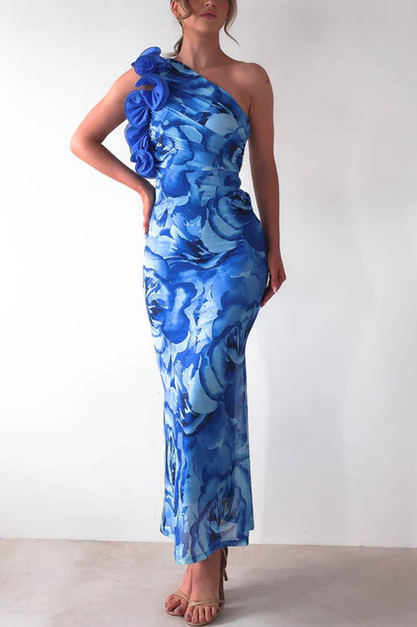 Floral Print Sleeveless 3D Flower One Shoulder Slim Maxi Dress
