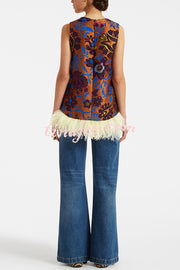 Emina Floral Feather Trim Trapezoidal Silhouette Asymmetrical Hem Top