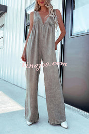 Solid Color Sexy V-neck Open Back Pleated Loose Denim Jumpsuit