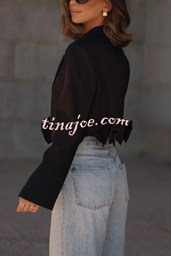 So Chic Bow Trim Long Sleeve Lapel Crop Blazer