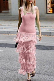 Solid Color Sleeveless Slim Fit Fringed Hem Knitted Midi Dress