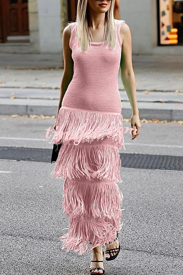 Solid Color Sleeveless Slim Fit Fringed Hem Knitted Midi Dress