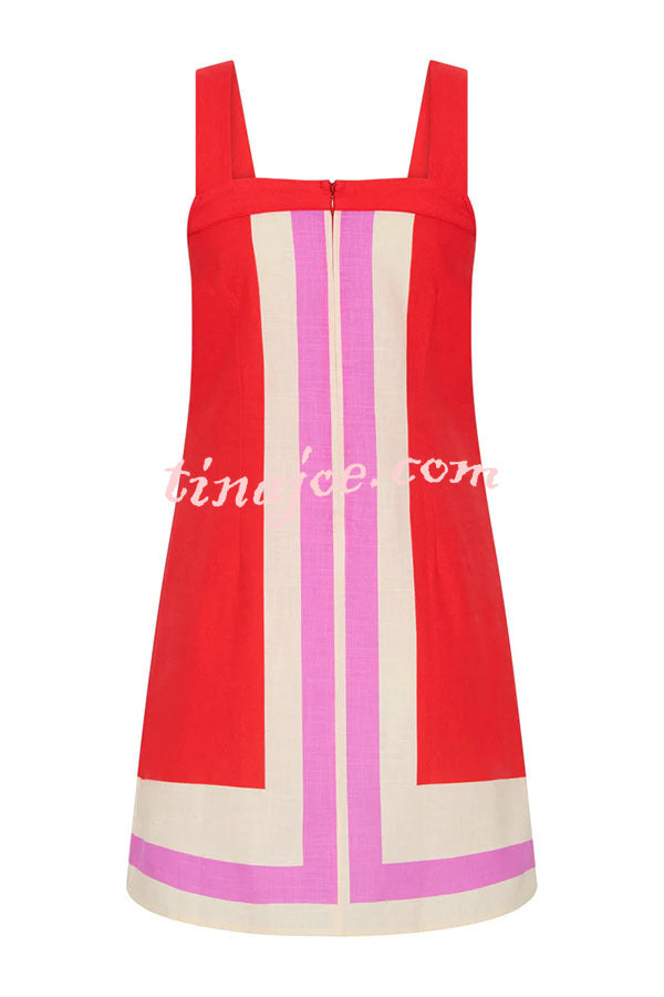 Mika Linen Blend Contrast Color Lines Square Neck Loose Mini Dress