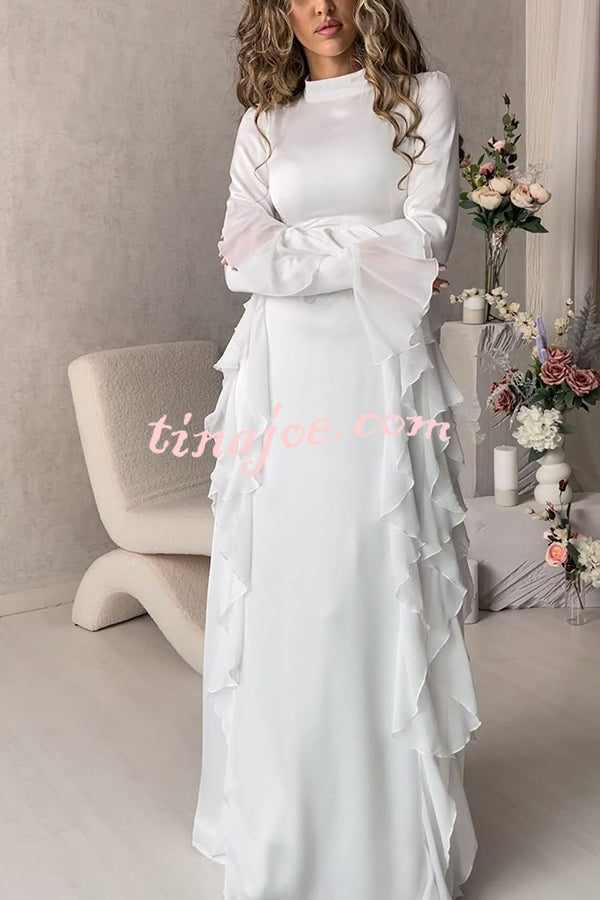 Cline Solid Color High Neck Long Sleeve Elegant Ruffles Maxi Dress